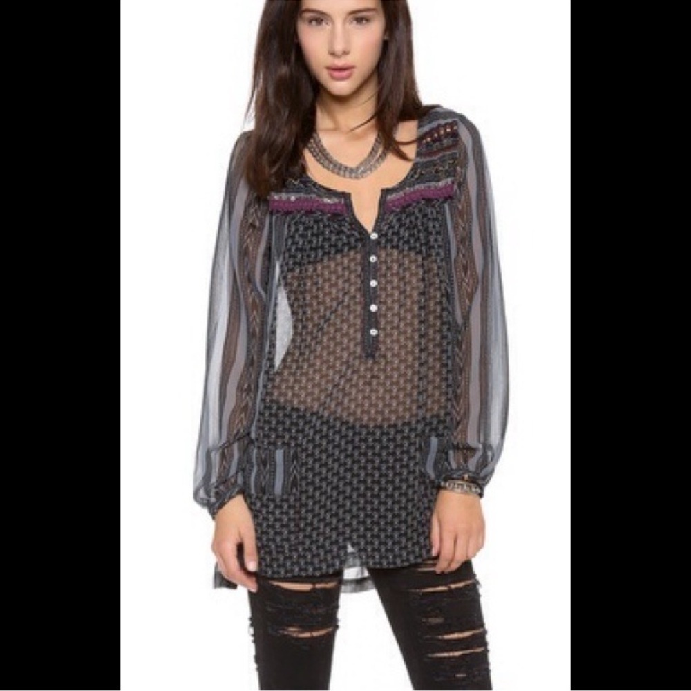 NWT FREE PEOPLE Feather In The Wind Sheer Beaded Long Sleeve Tunic Tribal Small